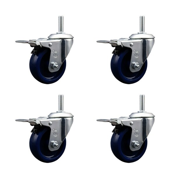 4 Inch Solid Polyurethane Swivel 58 Inch Threaded Stem Caster Set with Total Lock Brake